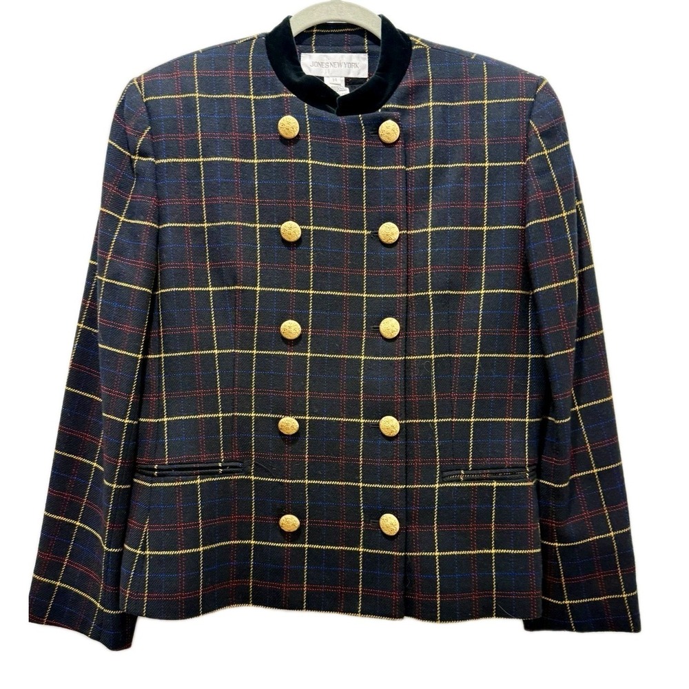 Vintage Jones New York Jacket 14 Womens Blazer Black Red Wool Plaid USA‎
